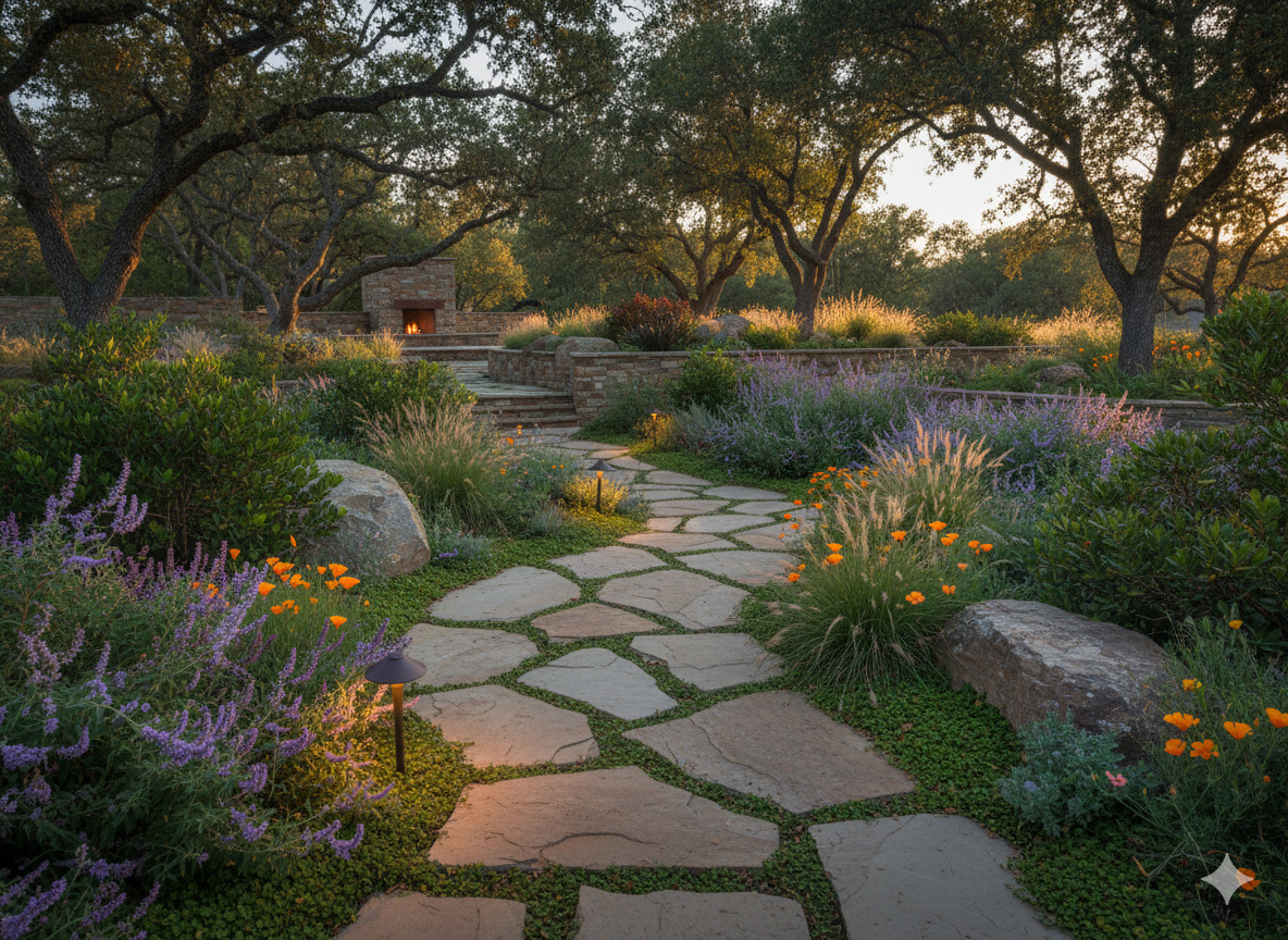 Custom garden design with native plants and natural stone pathways