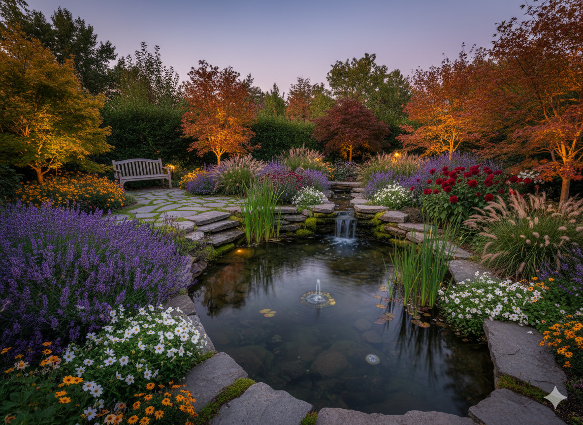 Private garden retreat with water features and seasonal plantings