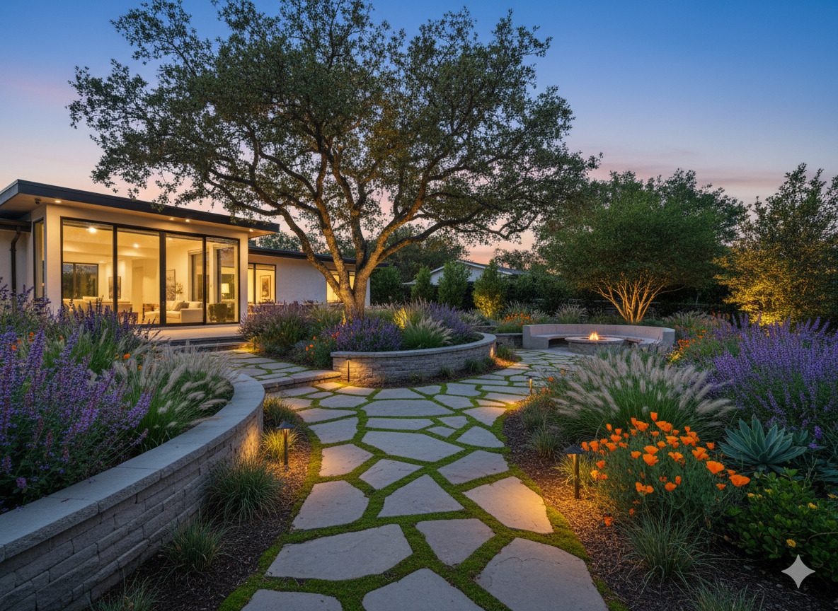 Modern residential landscape with native plantings and stone pathways