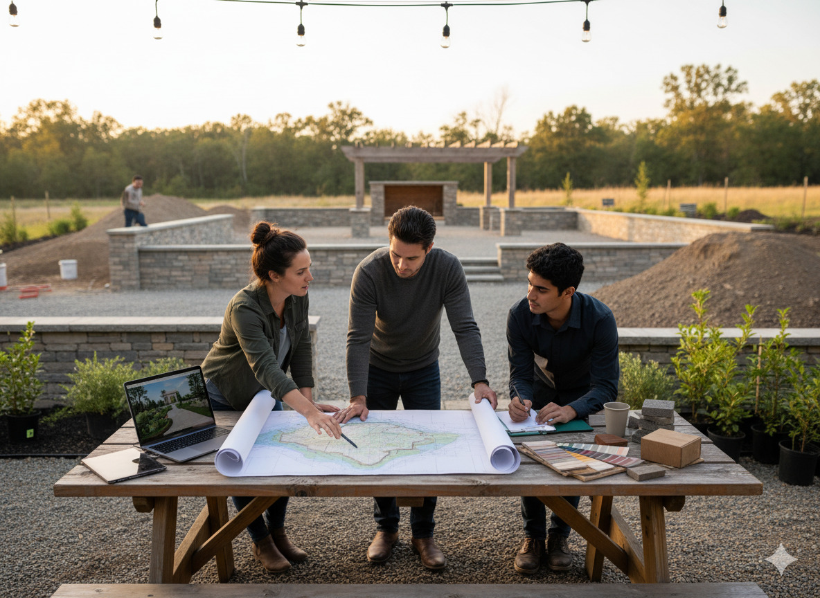 Landscape design team working on outdoor project planning