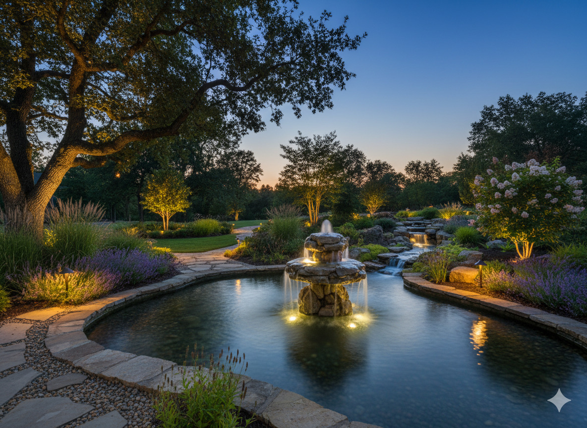 Elegant water features including fountains and natural ponds